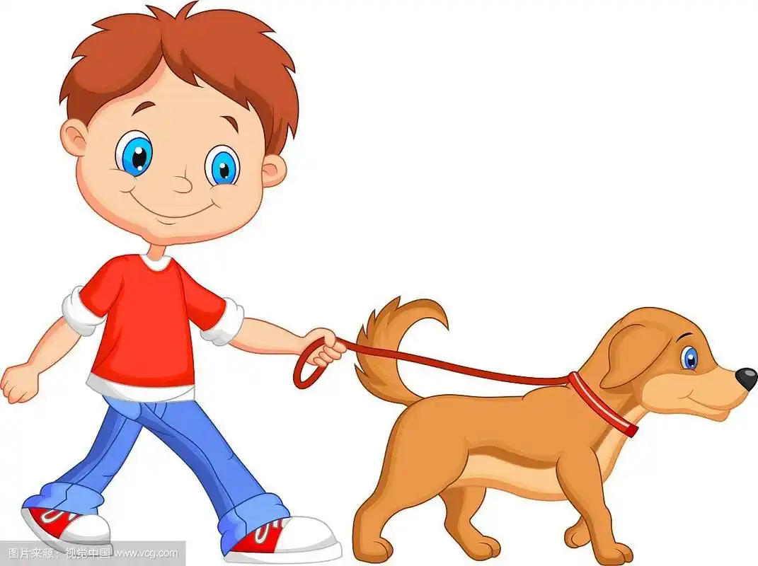 可爱的卡通男孩和狗散步