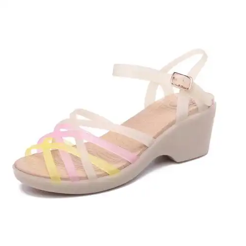 塑料高跟凉鞋女2020新款旗袍水晶坡跟百搭海边时尚夏季果冻沙滩鞋