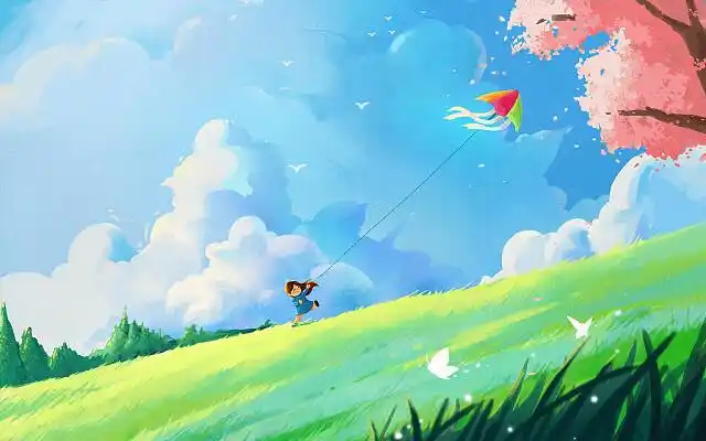 蓝天白云草地樱花女孩放风筝春天插画