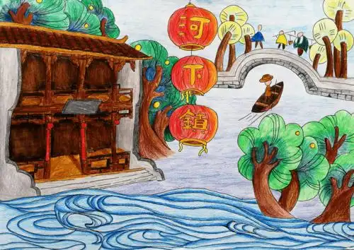 作品介绍:画中描述的是美丽的淮安里运河闸口处的景色.