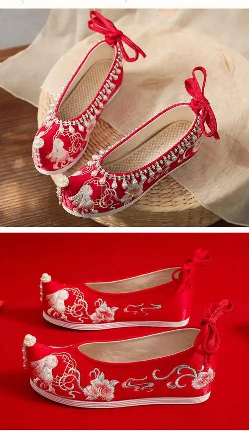 裙褂配秀禾服婚鞋女中式新娘结婚鞋子古风内增高汉服红色绣花布鞋红色