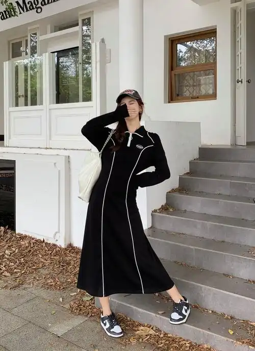 大码长款卫衣连衣裙女春秋胖mm显瘦拉链设计感休闲运动风修容裙