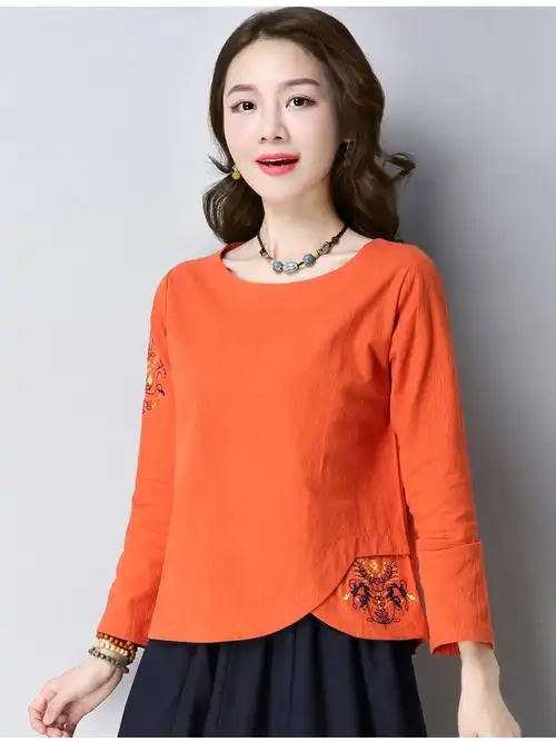 同款民族风复古棉麻长袖t恤春装新款宽松大码不规则妈妈装刺绣上衣女