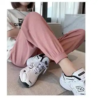 澳颜莱打野裤野战露出女夏冰丝薄款双头隐形拉链开档运动裤宽松粉色九