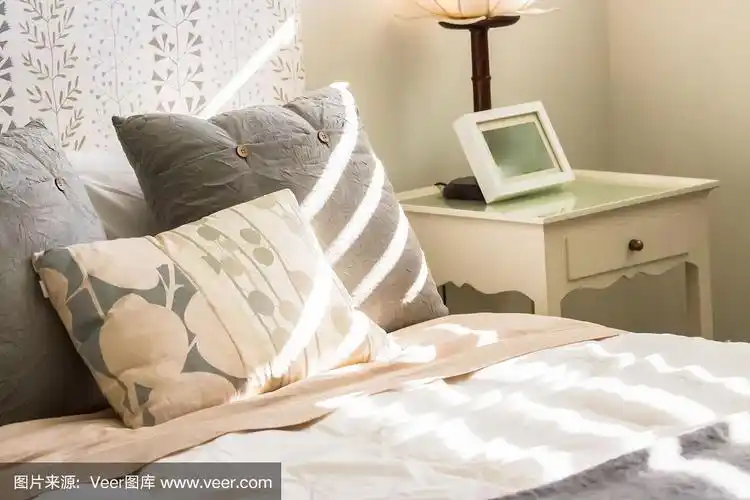 现代的卧室内部,早晨的阳光透过百叶窗