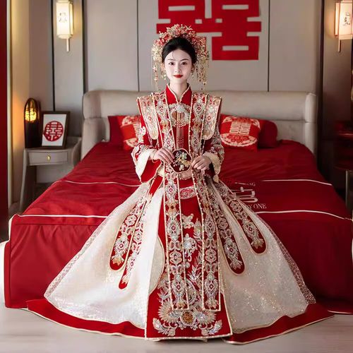 秀禾服2024新款结婚新娘中式婚服 凤冠霞帔重工丝绒男女嫁衣套装 女装