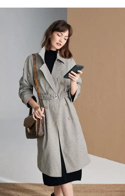 anneklein2021年春新款女装格纹英伦风复古风衣 灰咖色 f1