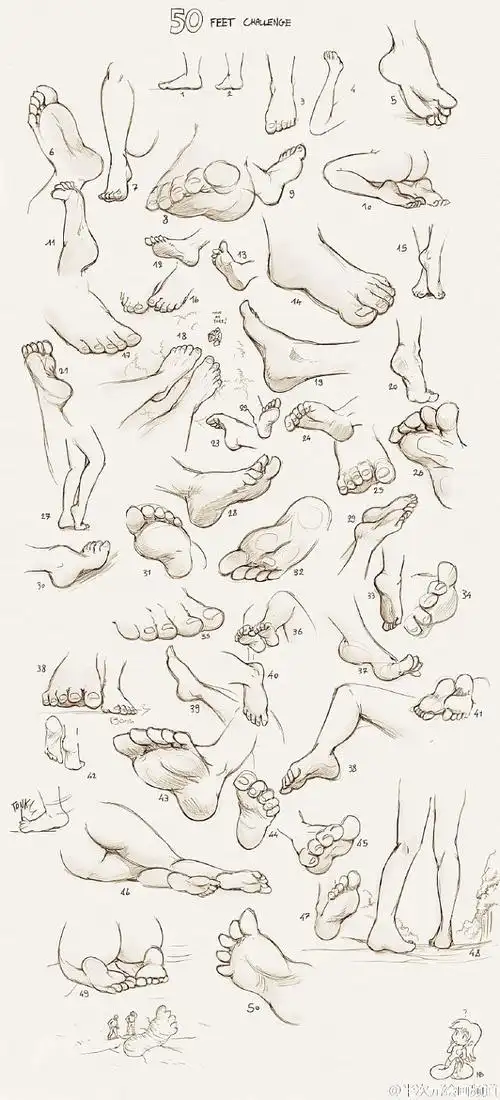 绘画参考脚部的画法和角度参考记住脚的形状和脚趾之间