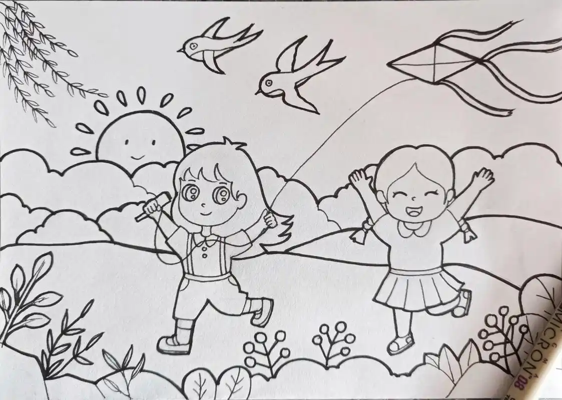 春天主题画,春天儿童画放风筝儿童画春游 春天主题儿童画,春天来了