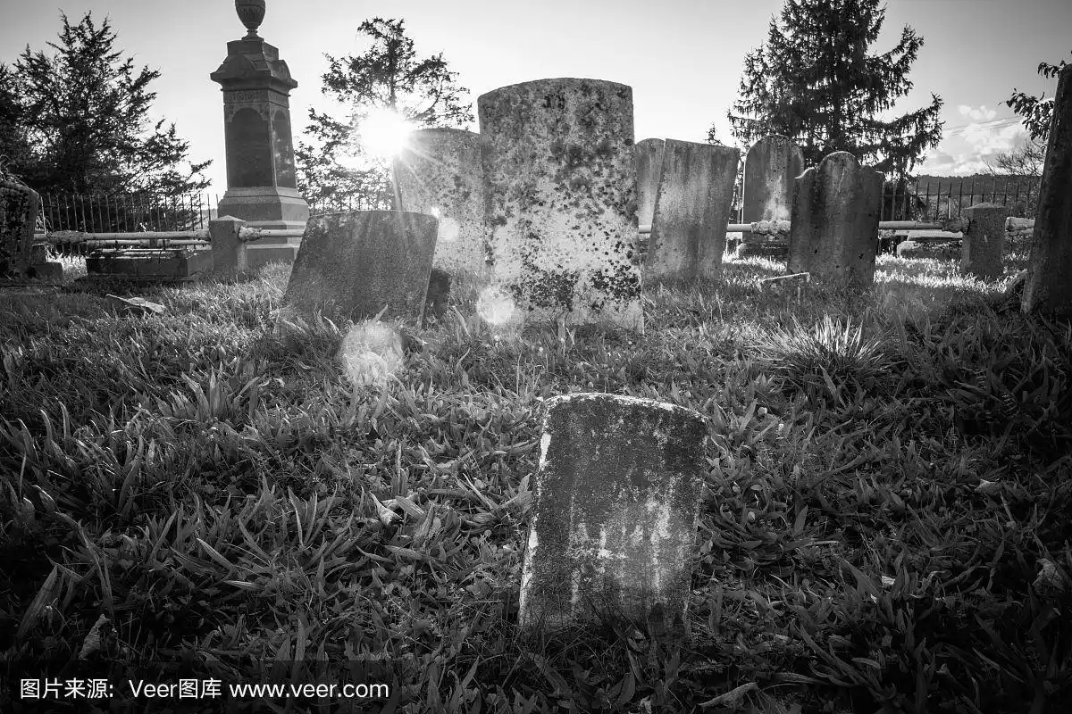 古老的,城镇,墓碑,墓地,黑白图片