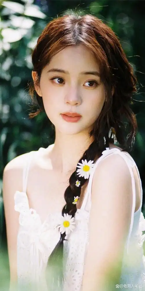 以清新淡雅的妆容出镜,微卷长发麻花辫,鲜艳的菊花点缀其中,少女感