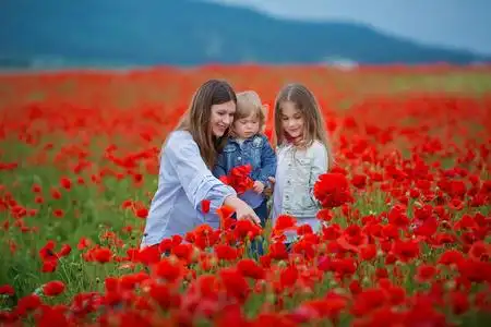 罂粟花的户外肖像. 妈妈和女儿. 夏日时光.照片