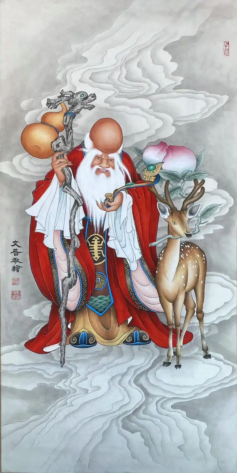 於文普工笔画福禄寿图#画画 #国画 #壁画 #美术 #寿星 - 抖音