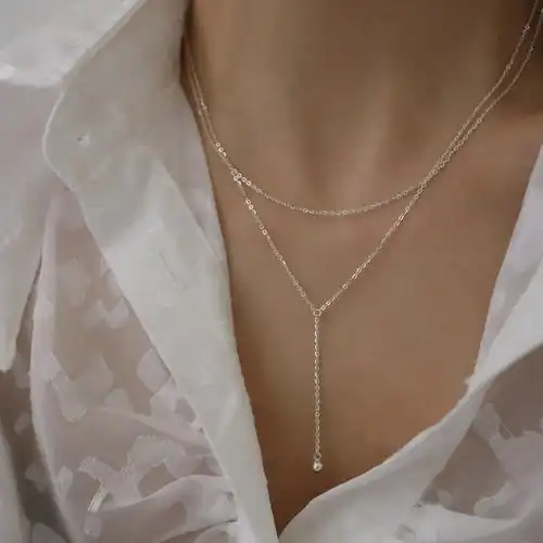 纯银锁骨项链百搭调节银可圆珠感小形垂双层项链