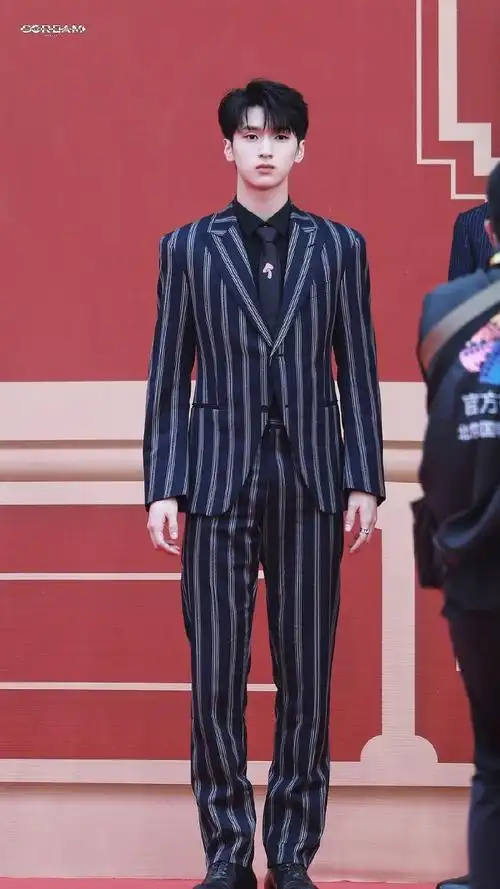 严浩翔北影节红毯造型#严浩翔北影节红毯造型,条纹黑蓝西装气质姨太