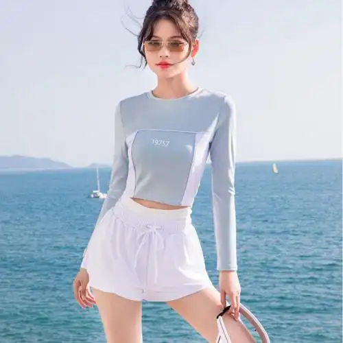 训练运动长袖游泳衣女分体两件套保守遮肚分少女学生清新温泉泳装