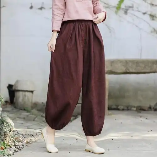 亚麻九分裤宽松女裤2022春款新品民族风复古文艺休闲灯笼裤