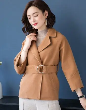 小矮个子中短款毛呢外套女2018秋冬反季呢子大衣女外套韩版潮 卡其色
