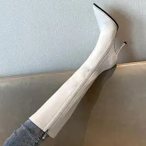 尖头细高跟长靴显瘦白色长筒靴女不过膝高筒靴子小个子弹力瘦瘦靴