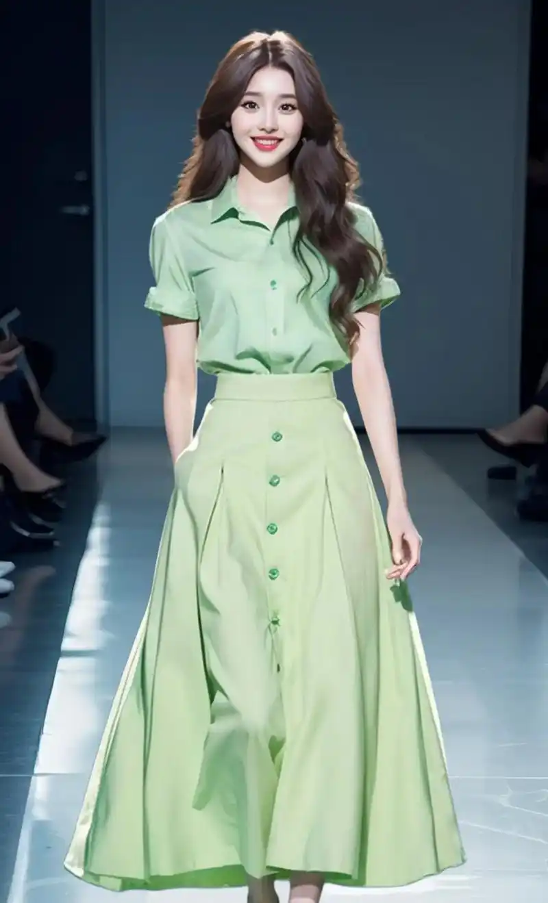 夏日时尚必备,一套韩系绿色衬衫套装裙女