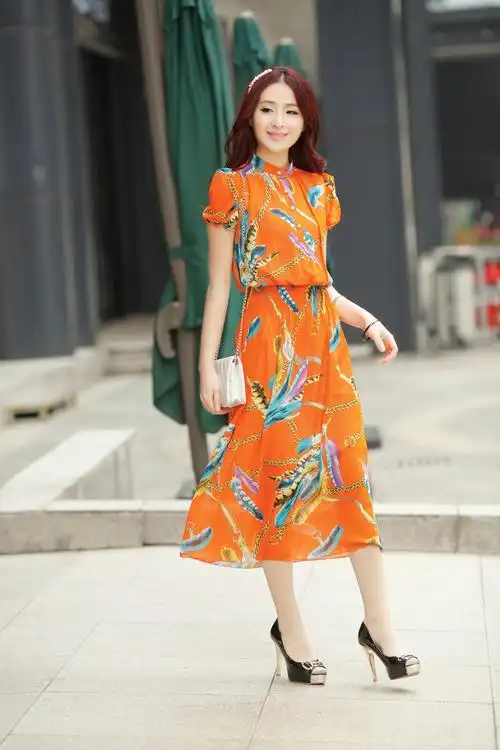 美欣雅 2013女装夏新款韩版爱马仕花纹印花立领短袖连衣裙khy810 波纹