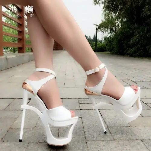 夏天凉鞋2018新款16cm超高跟欧美鱼嘴后空细跟防水台显瘦女凉鞋子