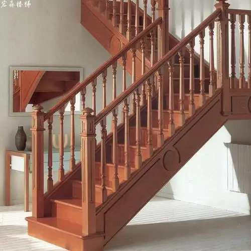 定制中式花格整体实木楼梯木扶手立柱栏杆别墅跃层复式阁楼踏步板