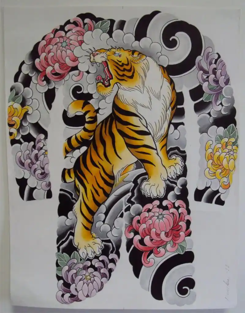 日式老传统满背老虎纹身手稿 感情才是世界上最残忍的东西