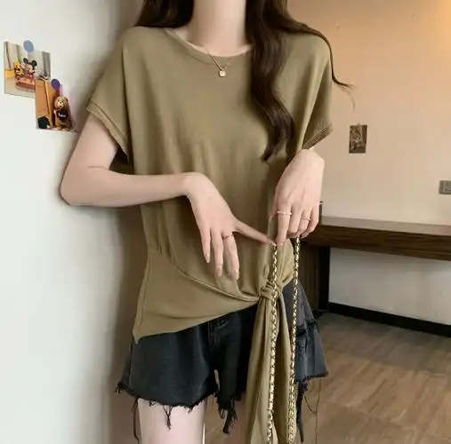 实拍~大码不规则下摆打结短袖t恤女夏季胖mm遮肚显瘦冰丝上衣 - 17网