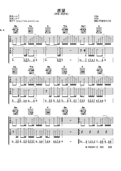 《愿望》吉他谱六线谱d调_胡彦斌