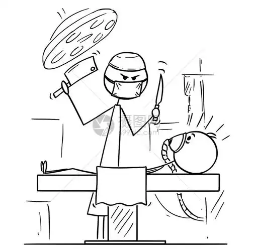 卡通棒图描绘疯狂医生外科在手术室操作的概念图这些外科医生准备用刀