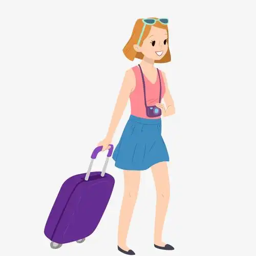 手绘卡通人物手拉紫色拉杆箱女孩