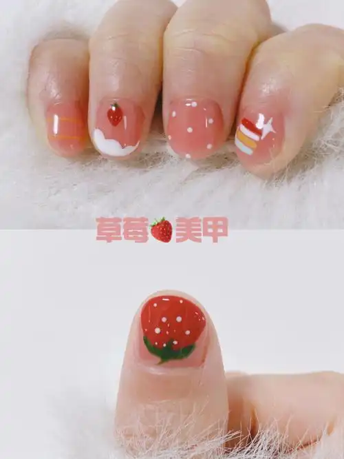 草莓新年短圆指甲可爱手绘甜美美甲78