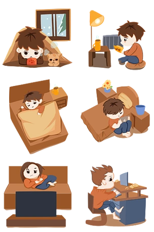 宅在家的男孩追剧看书手绘插画