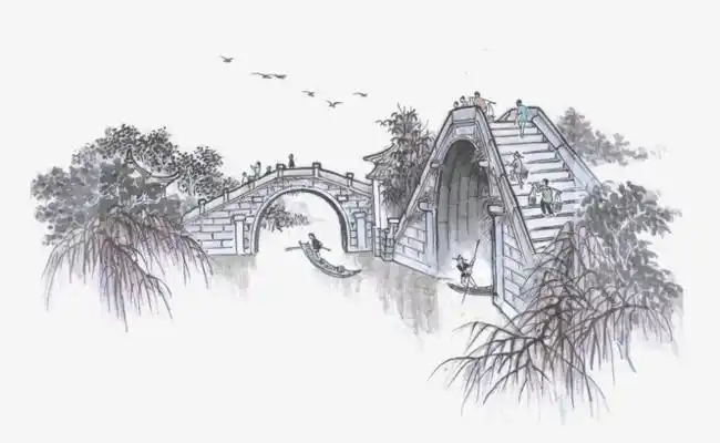 古典中国风山水桥梁水墨装饰画元素