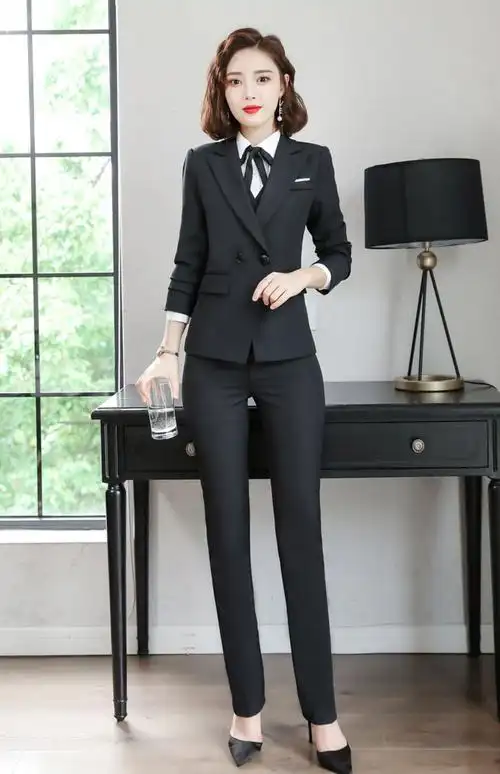 大码职业装女胖mm西装套装女时尚加小外套女面试装酒店工作服 黑色
