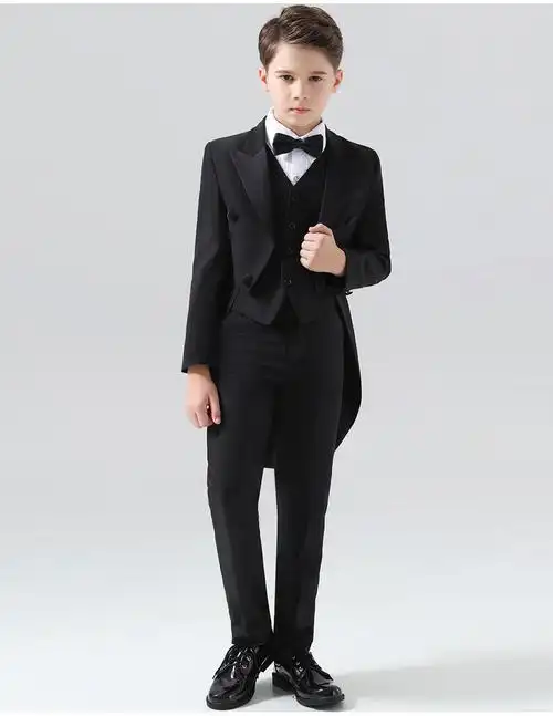 人花童婚礼钢琴演出服男孩西装套装黑燕尾外套白衬衫黑长裤黑领结110