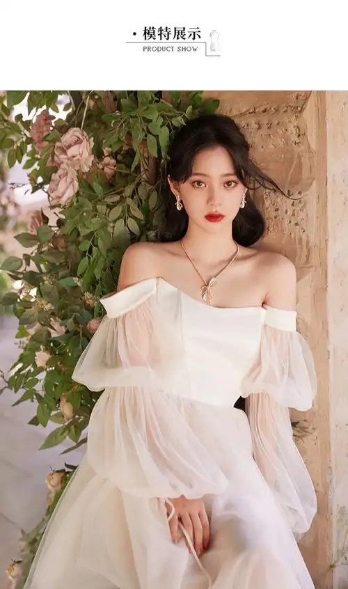 欧阳娜娜明星同款晚礼服2022新款生日宴会主持人礼服裙一字肩婚纱