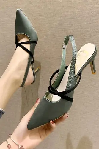 ol名媛风甜美尖头浅口绸缎面高跟一字扣带罗马凉鞋夏季新高跟鞋