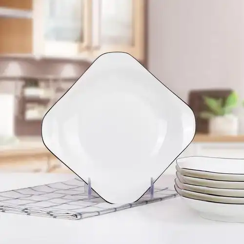 不规则陶瓷盘菜盘家用盘子深盘汤盘纯白简约方盘6个套装圆形碟子