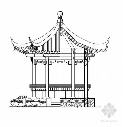 园林仿古建筑亭施工详图,包括平面及仰视图,正立面图,剖面图,设计说明