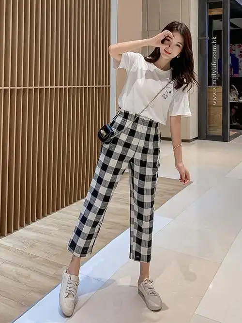 2020夏季新款衣裤两件套女韩版短袖t恤 格子裤子套装