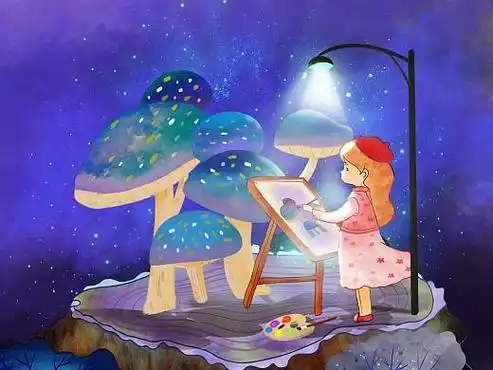 星空下女孩画画,商业插画,某品牌水粉画笔插画