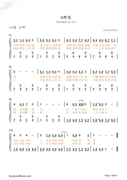 小叮当哆啦a梦主题曲双手简谱预览1