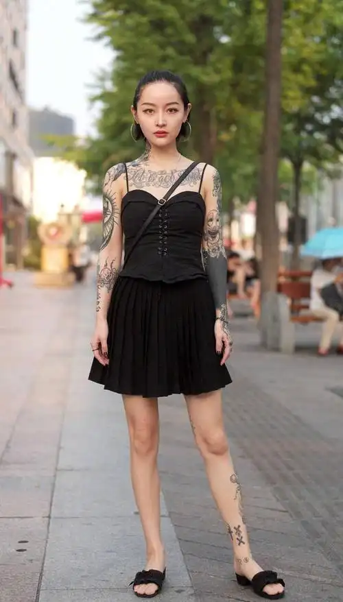 街拍性感美女演绎时髦穿搭网友好另类的纹身