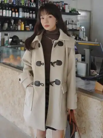 拉夏贝尔专柜韩版牛角扣小个子毛呢外套女22年秋冬新款英伦风感呢子
