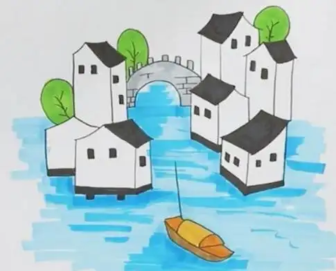 江南水乡简笔画,一年级简笔画江南(一组简单漂亮的山水田园风景简笔画