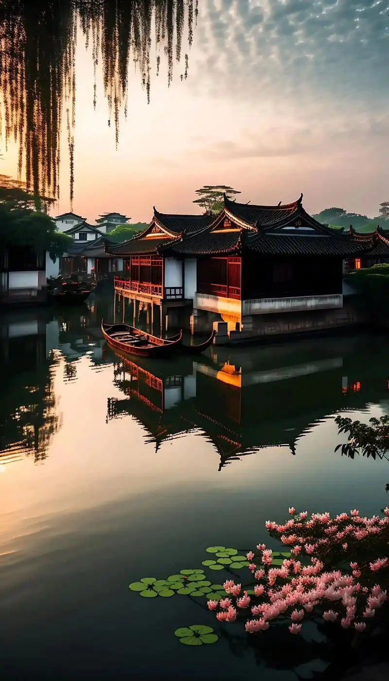 江南水乡美景,夕阳之下,天气晴朗,天空有云,房屋和树木,湖水 - 抖音