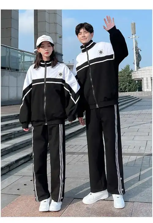 中学生班服外套校服2021秋季黑白拼色休闲运动套装情侣装