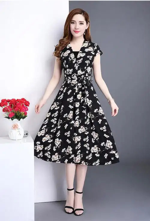 2017新款夏季韩版雪纺碎花短袖连衣裙女装夏气质修身中长款.